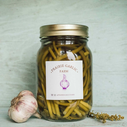 farm fresh organic pickled garlic scapes, pickled with fresh ingredients perfect for cesears